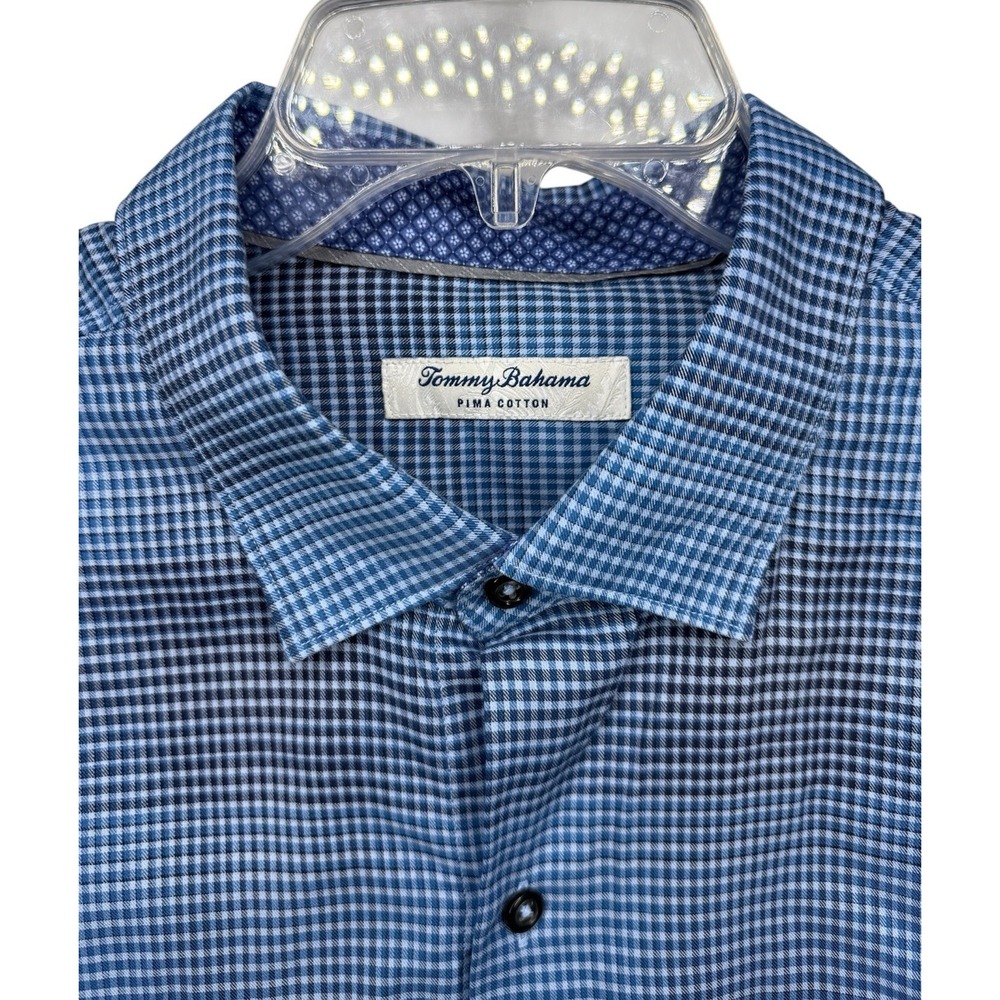 Tommy Bahama Pima Cotton Mens L Blue Black Check Long Sleeve Button Down Shirt